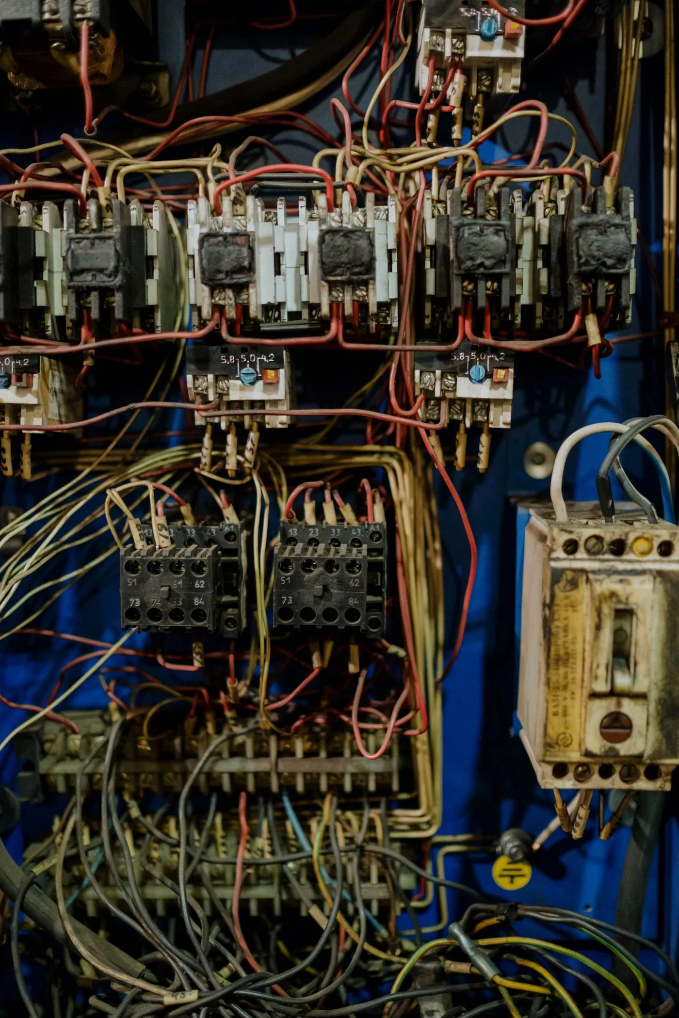 Armoire électrique ouverte, faisceaux de conducteurs raccordés et repérés sur les borniers